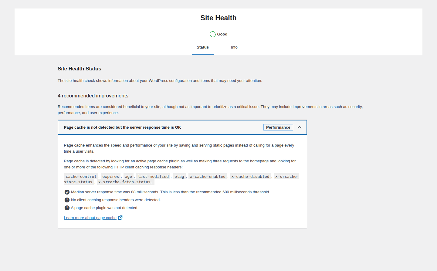 WordPress Site Health page-cache detection and server response status
