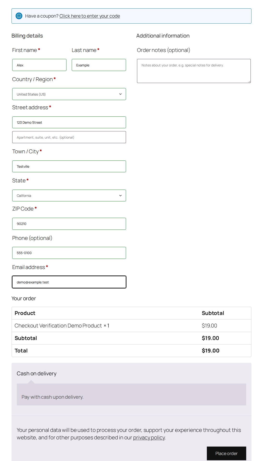 WooCommerce checkout form for buying-path verification